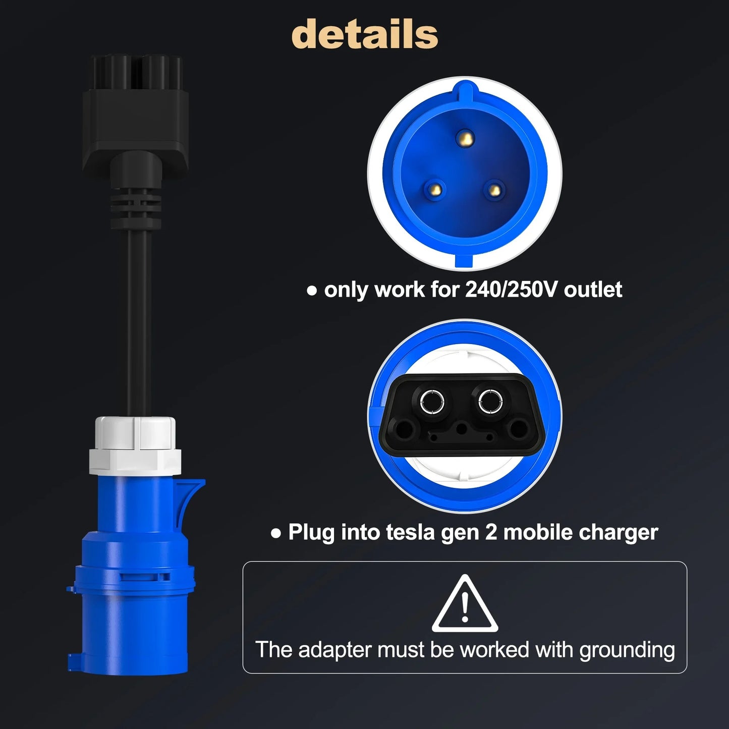 Gen 2 Tesla Mobile Connector Adapter 32A 240V CEE 3-Pin Blue Plug for Model S/3/X/Y