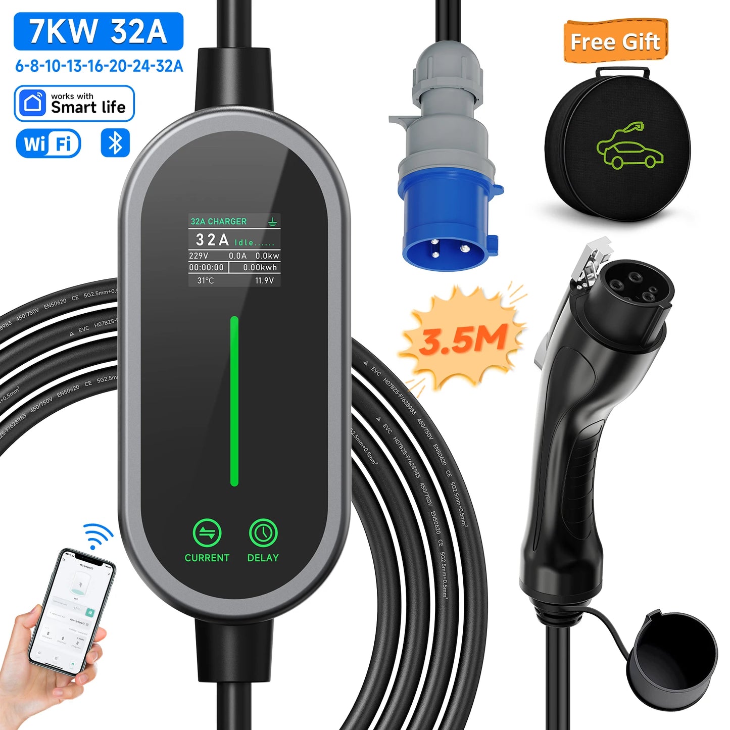 AFEEV 7KW 32A 1Phase Portable EV Charger Type2/Type1/GBT EVSE Fast Charging Cable Wallbox CEE Plug APP Bluetooth Control