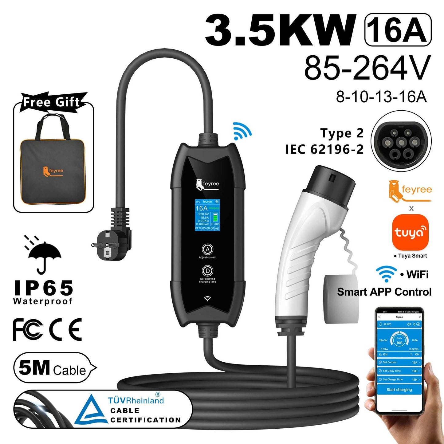 Portable 3.5kW EV Charger with WIFI APP Bluetooth Smart Charging