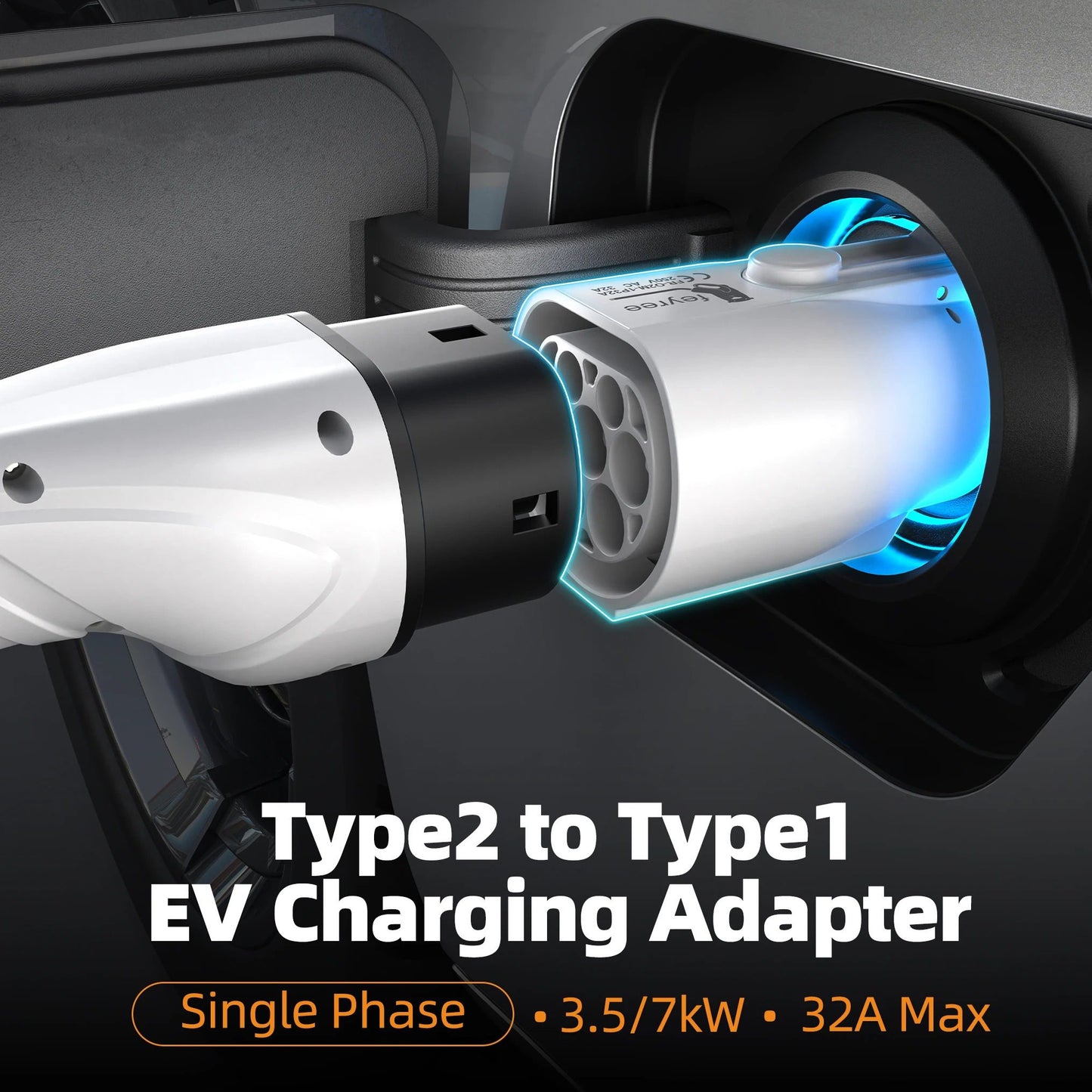 Type 2 to Type 1 EV Charging Adapter (IEC 62196-2 to SAE J1772) 32A Single-Phase AC  Dual-Lock Safety & IP54 Rated