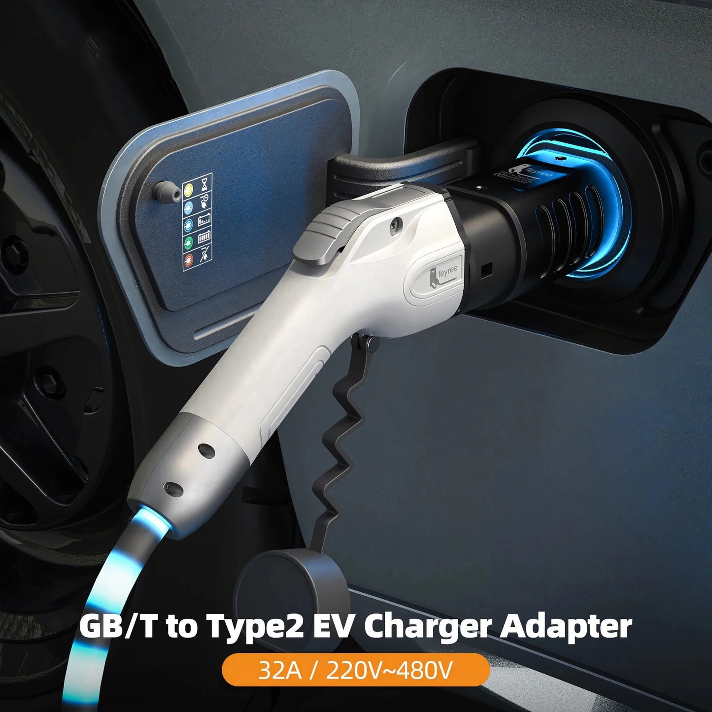 GBT to Type 2 EV Charging Adapter   32A 220-480V AC  IP55 Weatherproof & UL94 V-0 Rated