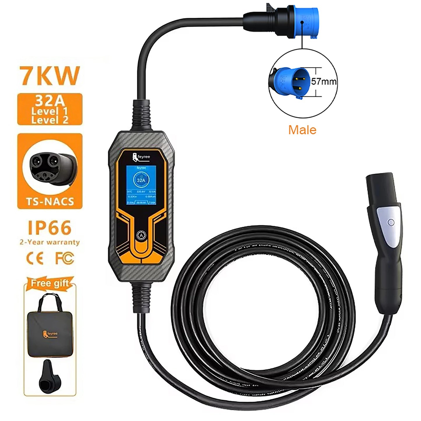Portable 7kW EV Charger 32A Fast Charging