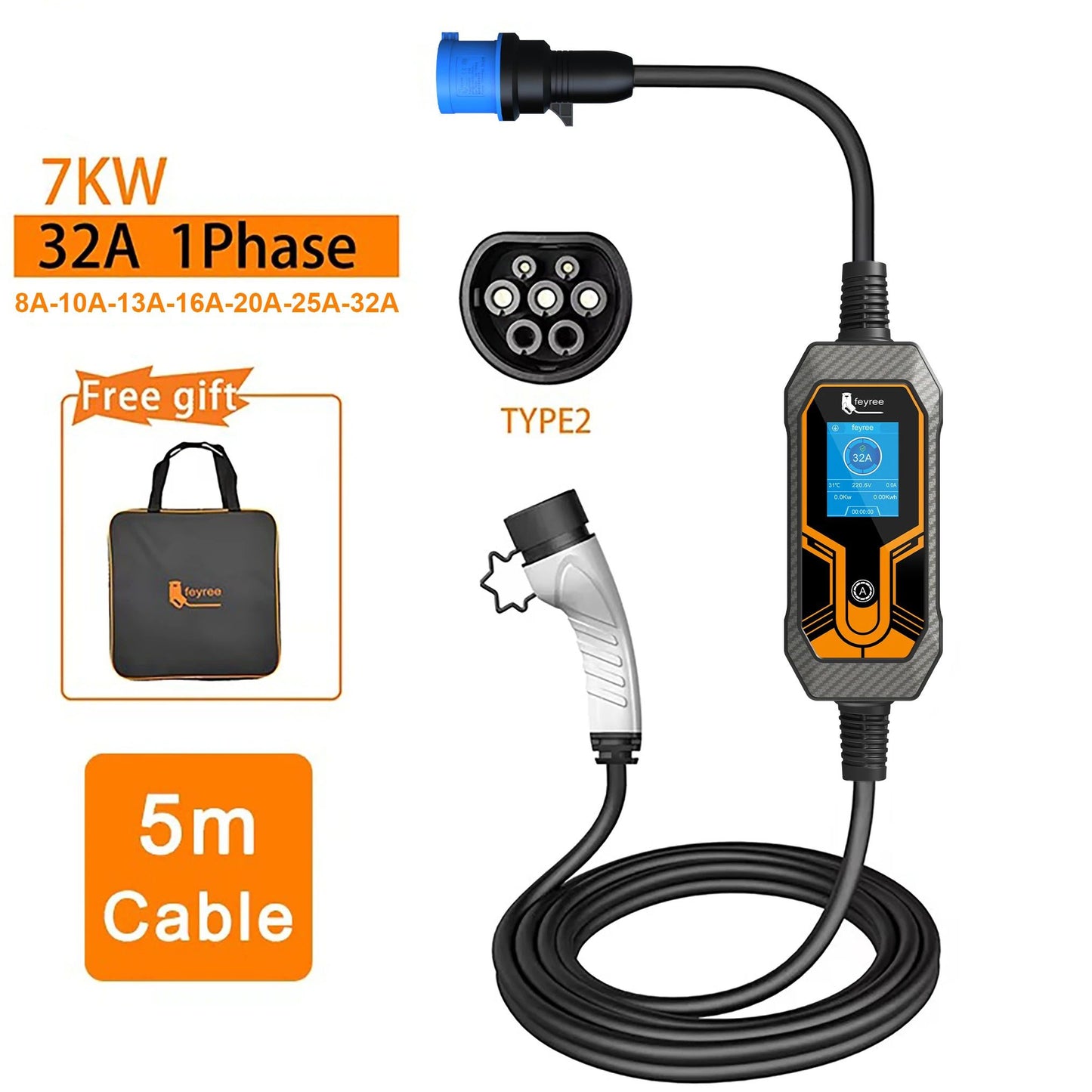 Portable 7kW EV Charger 32A Fast Charging