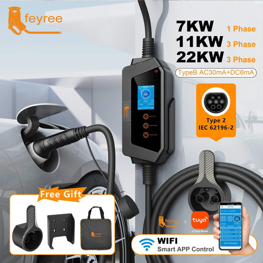 feyree 22kW Portable EV Charger Stations 2.8 Inch Screen 32A AC EV Charger with WiFi APP Remote Control