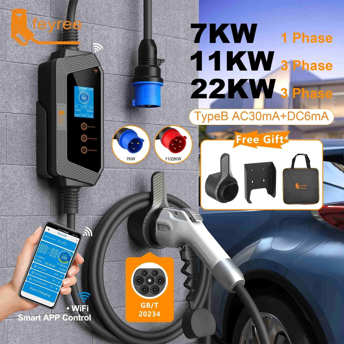 feyree 22kW Portable EV Charger Stations 2.8 Inch Screen 32A AC EV Charger with WiFi APP Remote Control