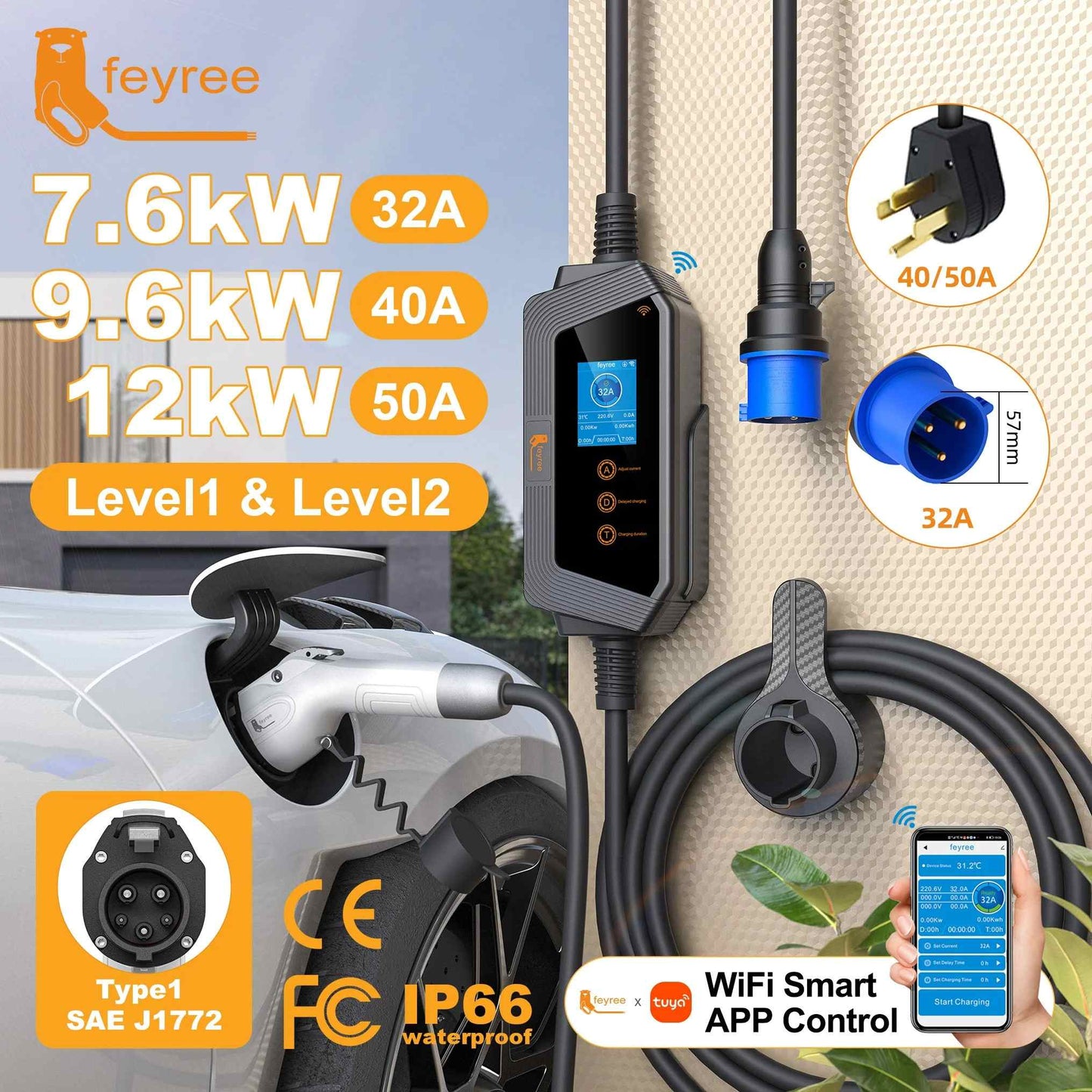 feyree 22kW Portable EV Charger Stations 2.8 Inch Screen 32A AC EV Charger with WiFi APP Remote Control