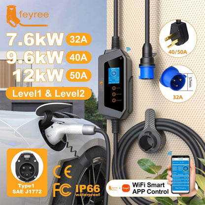 feyree 22kW Portable EV Charger Stations 2.8 Inch Screen 32A AC EV Charger with WiFi APP Remote Control
