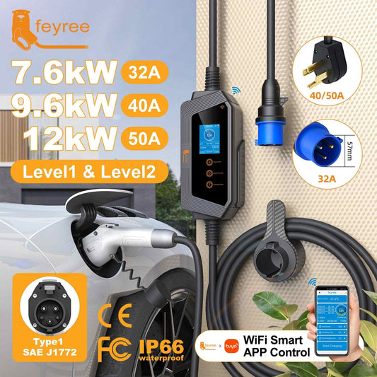 feyree 22kW Portable EV Charger Stations 2.8 Inch Screen 32A AC EV Charger with WiFi APP Remote Control