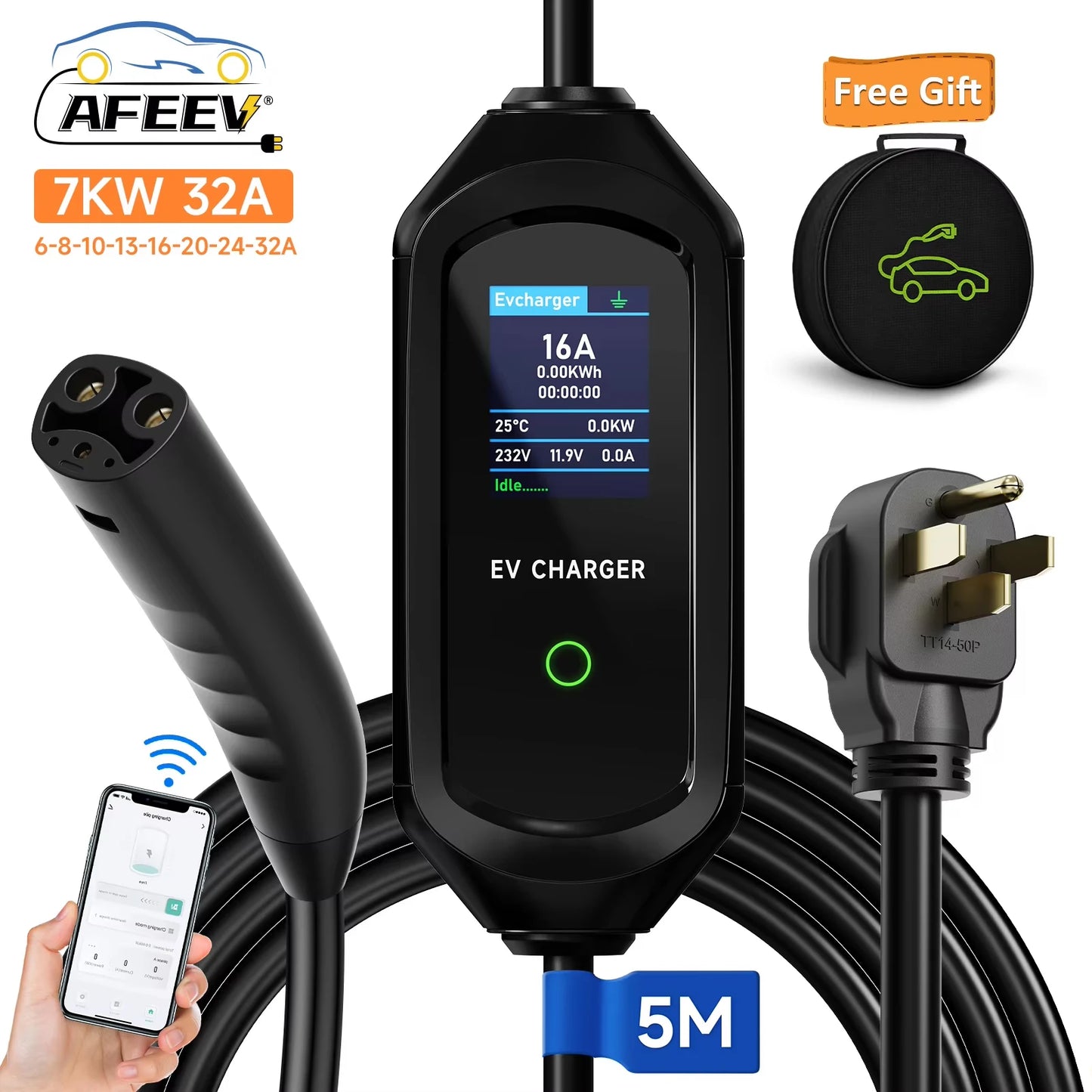 AFEEV 3.5KW/7KW Portable EV Charger for Tesla Model 3/X/Y/S Highland 2024 EVSE Fast Charging Cable CEE Plug Electric Car Wallbox