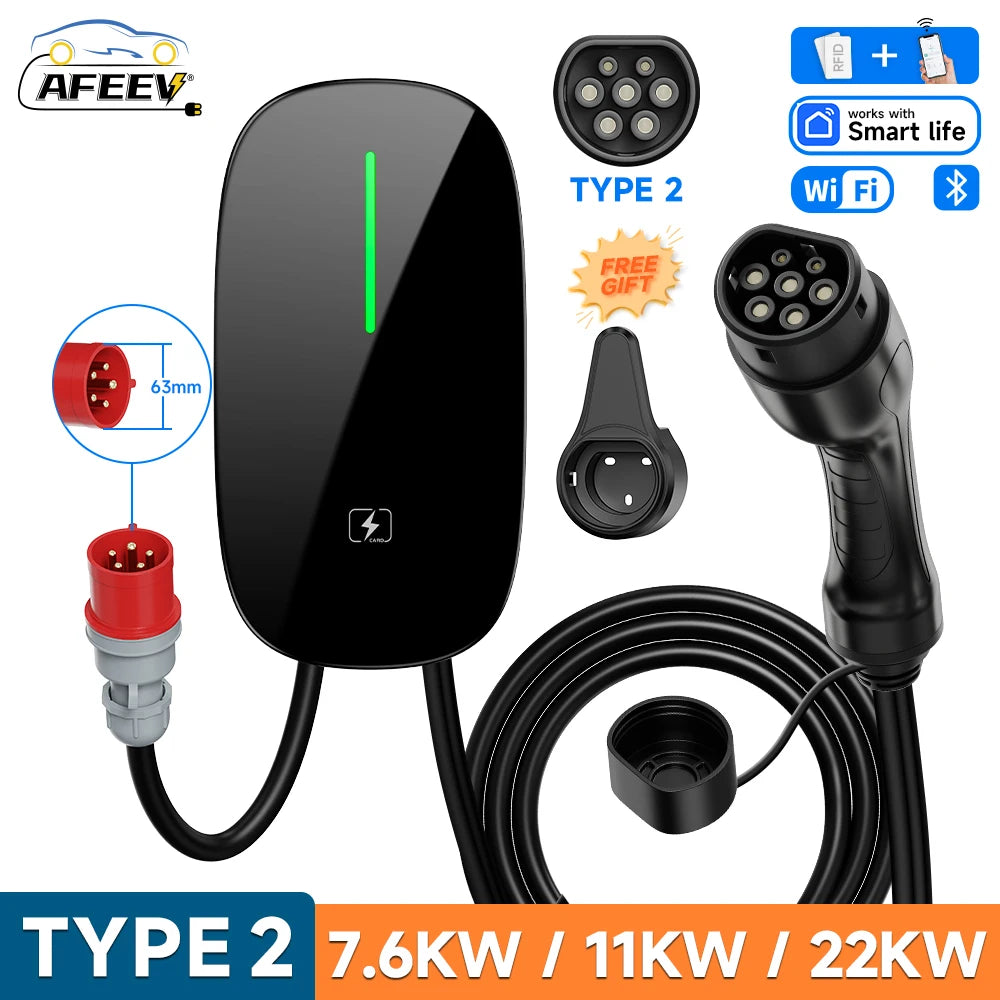 AFEEV 7.6/11/22KW EV Charging Station Type2 IEC 62196-2 Electric Car Charger 32A EVSE Wallbox Wallmount Charger APP Control