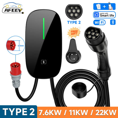 AFEEV 7.6/11/22KW EV Charging Station Type2 IEC 62196-2 Electric Car Charger 32A EVSE Wallbox Wallmount Charger APP Control