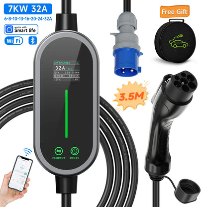 AFEEV 7KW 32A 1Phase Portable EV Charger Type2/Type1/GBT EVSE Fast Charging Cable Wallbox CEE Plug APP Bluetooth Control