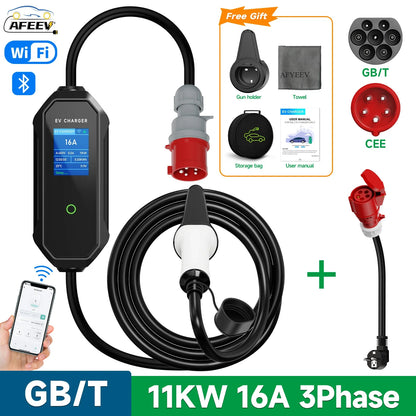 AFEEV 11KW 16A 3Phase Portable EV Charger GBT 20234 Wallbox EVSE Fast Charging Cable CEE Plug WiFi APP Bluetooth Remote Control