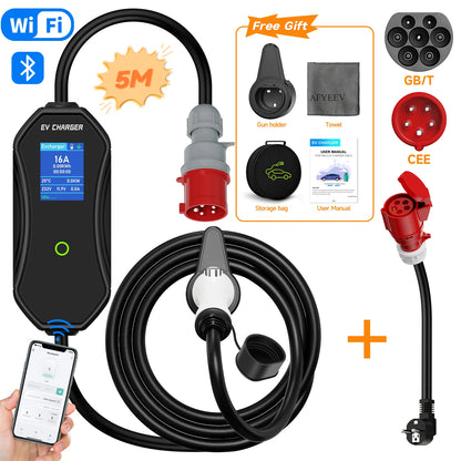 AFEEV 11KW 16A 3Phase Portable EV Charger GBT 20234 Wallbox EVSE Fast Charging Cable CEE Plug WiFi APP Bluetooth Remote Control