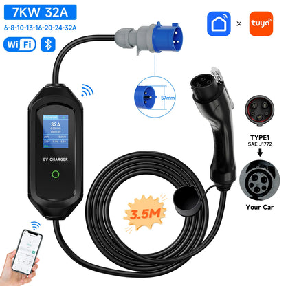 AFEEV 7KW Portable EV Charger Type2/Type1/GBT Electric Car Charger 32A 1Phase Fast Charging Cable APP Bluetooth Control