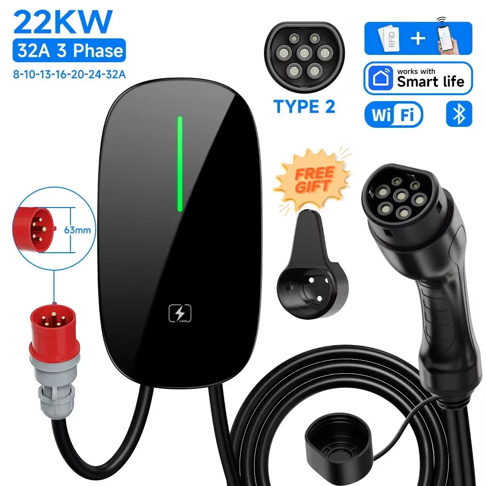 AFEEV 7.6/11/22KW EV Charging Station Type2 IEC 62196-2 Electric Car Charger 32A EVSE Wallbox Wallmount Charger APP Control