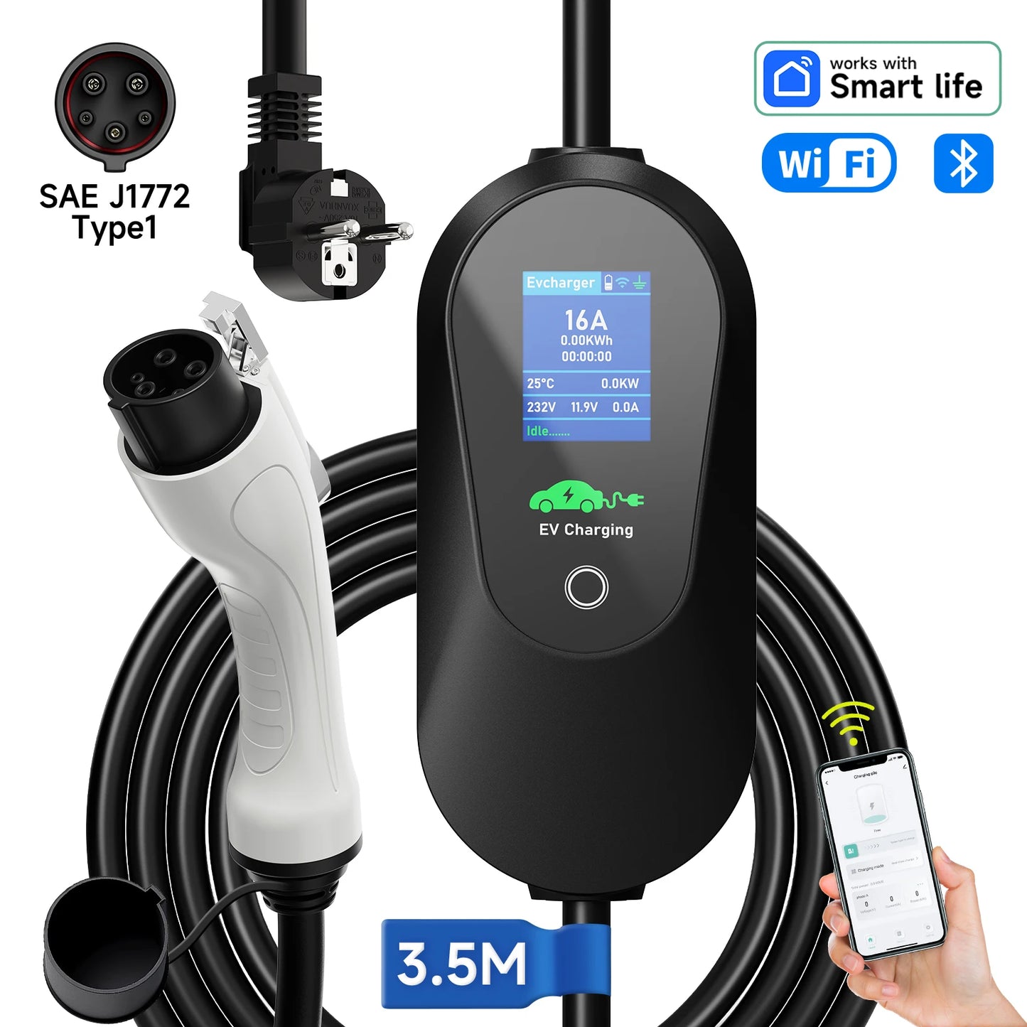 AFEEV 3.6KW Type1 SAE J1772 Portable EV Charger 16A Type2 Electric Car Charger GB/T EVSE Fast Charging Cable WiFi APP Control