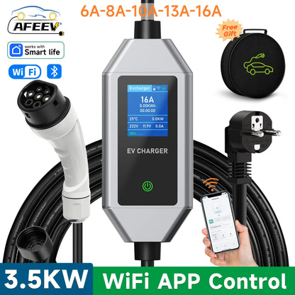 AFEEV Type2 Portable EV Charger 3.5KW 16A Electric Car Charger EVSE Fast Charging Cable Wallbox APP Bluetooth Control