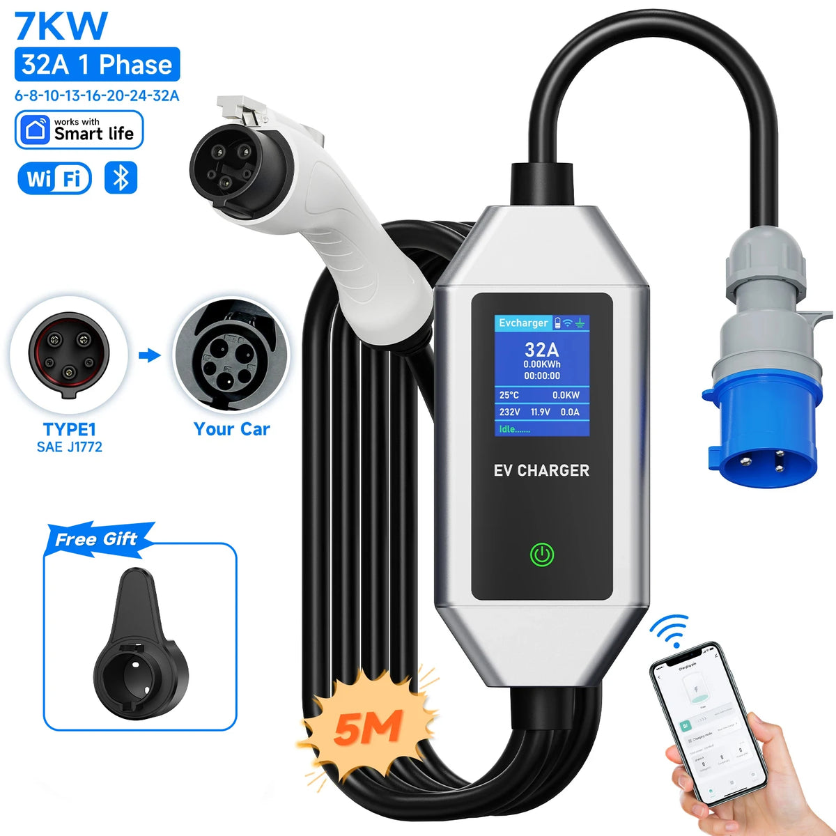 AFEEV 32A EV Charger 1Phase 7KW Type2 Portable Charger APP Control type 1 EV Charger EVSE GB/T Charging Cable for Electric Car