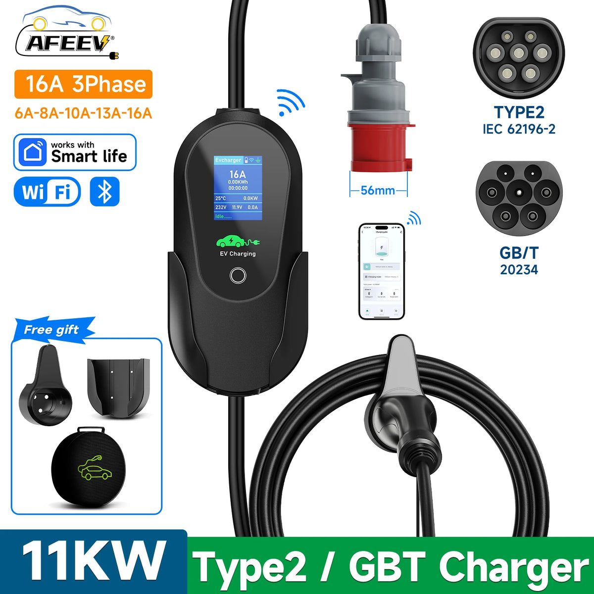 AFEEV 11KW 16A 3Phase Portable EV Charger Type2 IEC62196-2 Fast Charging Cable GB/T 20234 Wallbox EVSE CEE Plug APP Control