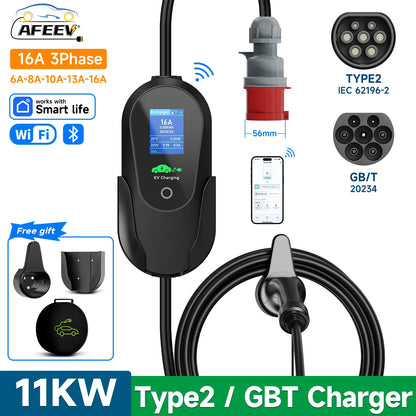 AFEEV 11KW 16A 3Phase Portable EV Charger Type2 IEC62196-2 Fast Charging Cable GB/T 20234 Wallbox EVSE CEE Plug APP Control