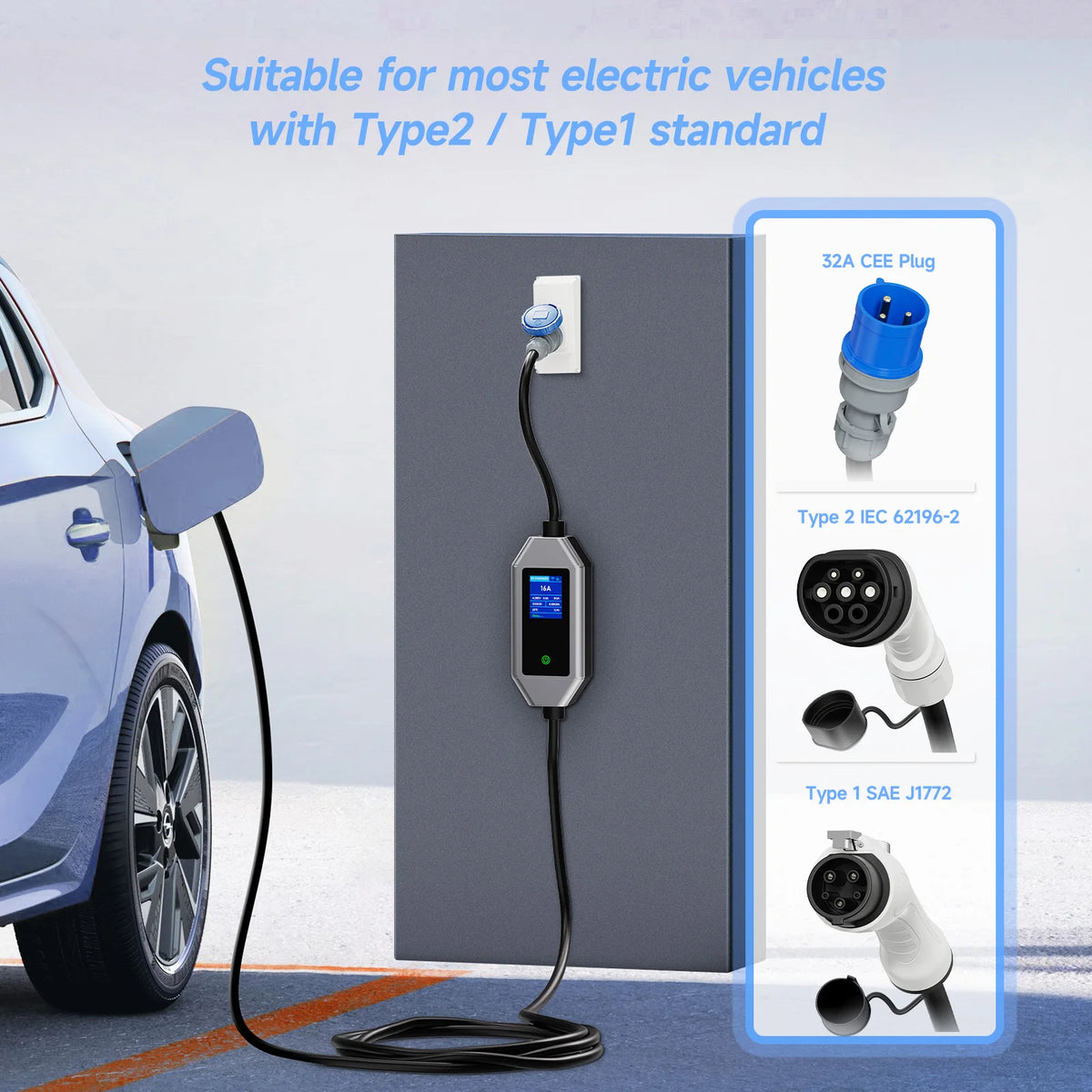 AFEEV 32A EV Charger 1Phase 7KW Type2 Portable Charger APP Control type 1 EV Charger EVSE GB/T Charging Cable for Electric Car