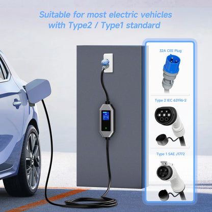 AFEEV 32A EV Charger 1Phase 7KW Type2 Portable Charger APP Control type 1 EV Charger EVSE GB/T Charging Cable for Electric Car
