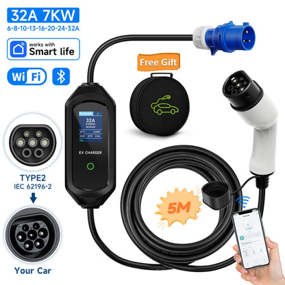 AFEEV Type 2 Portable EV Charger 7KW 32A 1Phase Wallbox Type1/GBT EVSE Fast Charging Cable CEE Plug APP Bluetooth Control