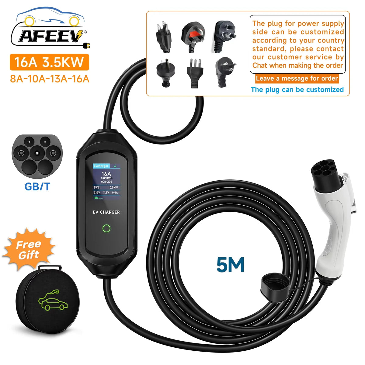 AFEEV 3.5KW 16A Portable EV Charger GBT 20234 Electric Car Battery Charger EVSE Fast Charging Station Wallbox for Chinese Car