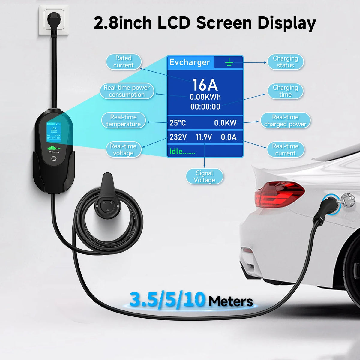 AFEEV Type 2 Portable EV Charger 3.6KW 16A 1Phase Wallbox Type1/GBT EVSE Fast Charging Cable EU Plug WiFi APP Bluetooth Control
