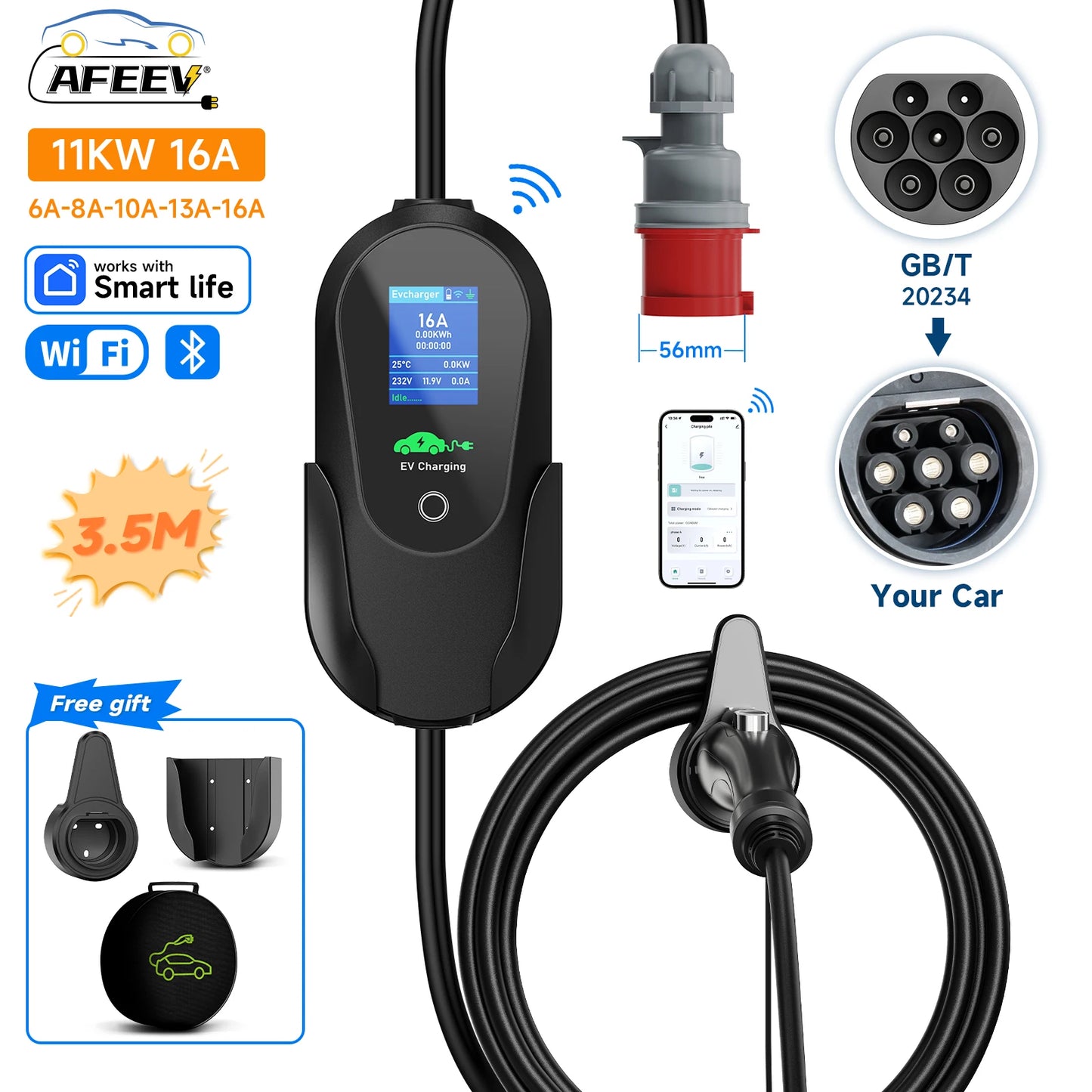 AFEEV 11KW 16A 3Phase Portable EV Charger Type2 IEC62196-2 Fast Charging Cable GB/T 20234 Wallbox EVSE CEE Plug APP Control
