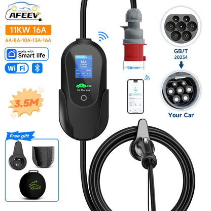 AFEEV 11KW 16A 3Phase Portable EV Charger Type2 IEC62196-2 Fast Charging Cable GB/T 20234 Wallbox EVSE CEE Plug APP Control