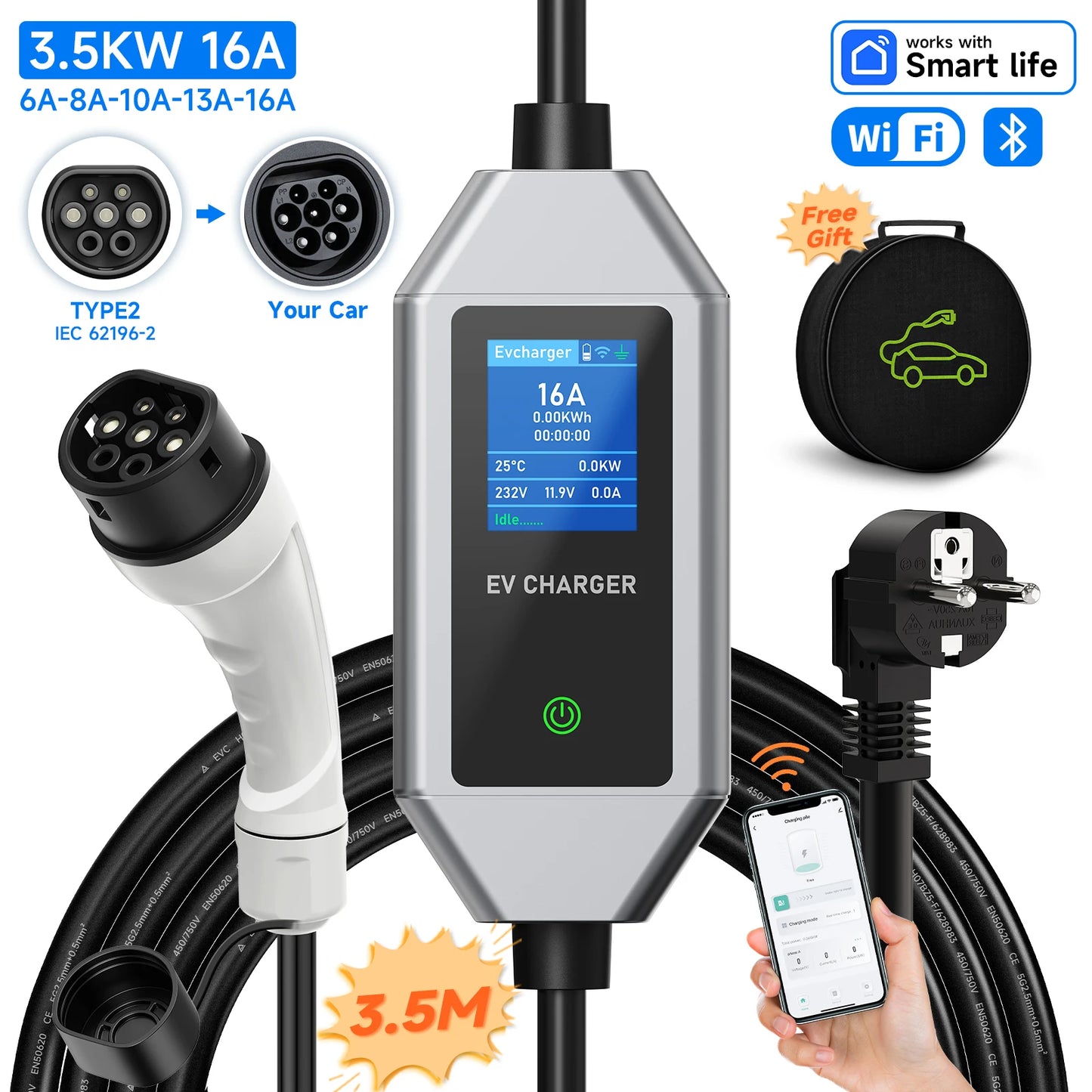 AFEEV Type2 Portable EV Charger 3.5KW 16A Electric Car Charger EVSE Fast Charging Cable Wallbox APP Bluetooth Control