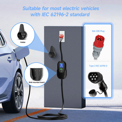 AFEEV 11KW 16A 3Phase Portable EV Charger Type2 IEC62196-2 Fast Charging Cable GB/T 20234 Wallbox EVSE CEE Plug APP Control