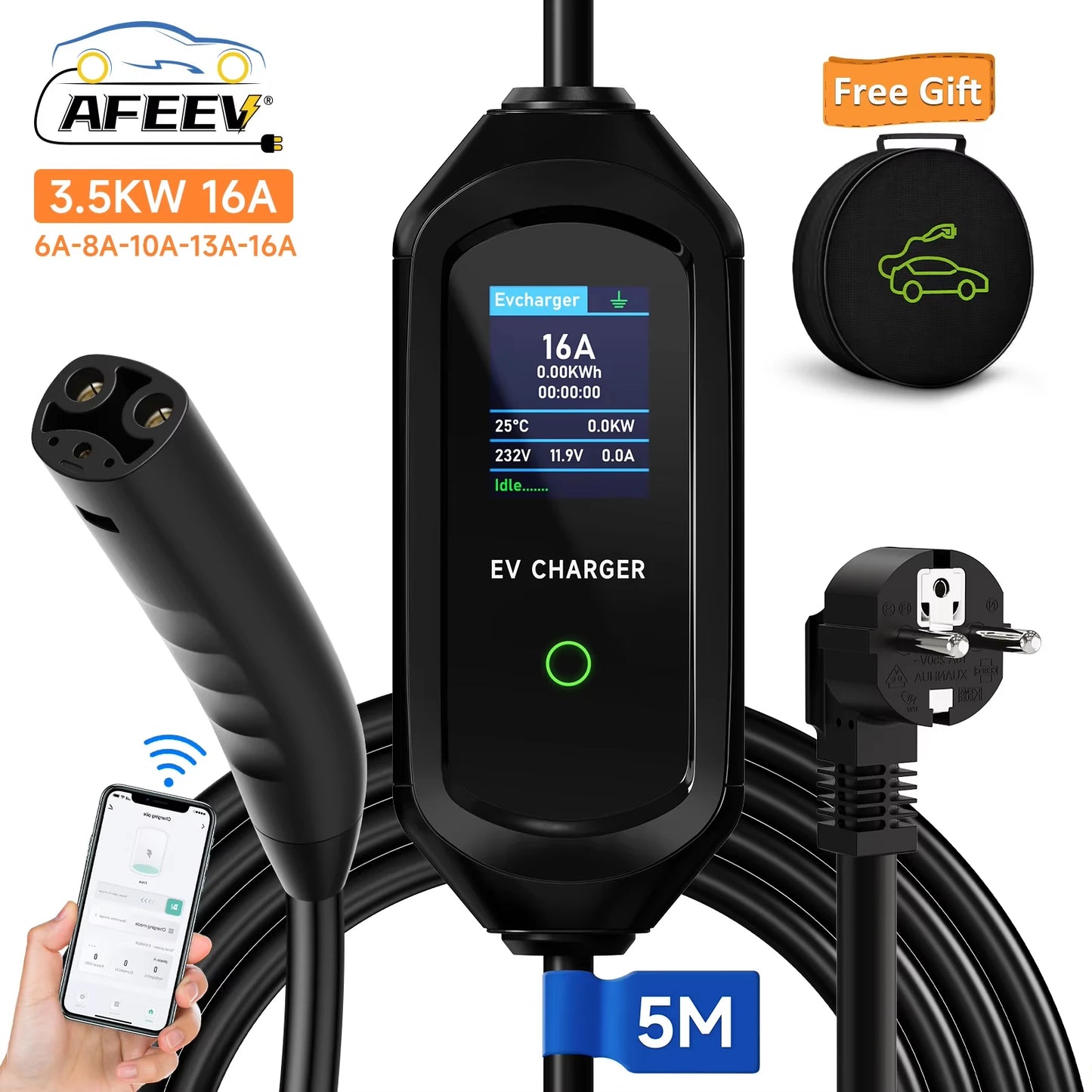 AFEEV 3.5KW/7KW Portable EV Charger for Tesla Model 3/X/Y/S Highland 2024 EVSE Fast Charging Cable CEE Plug Electric Car Wallbox