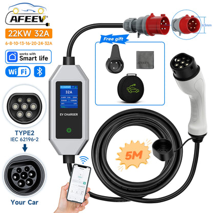 AFEEV Type 2 Portable EV Charger 22KW 32A 3Phase Wallbox IEC62196-2 EVSE Fast Charging Cable CEE Plug APP Bluetooth Control