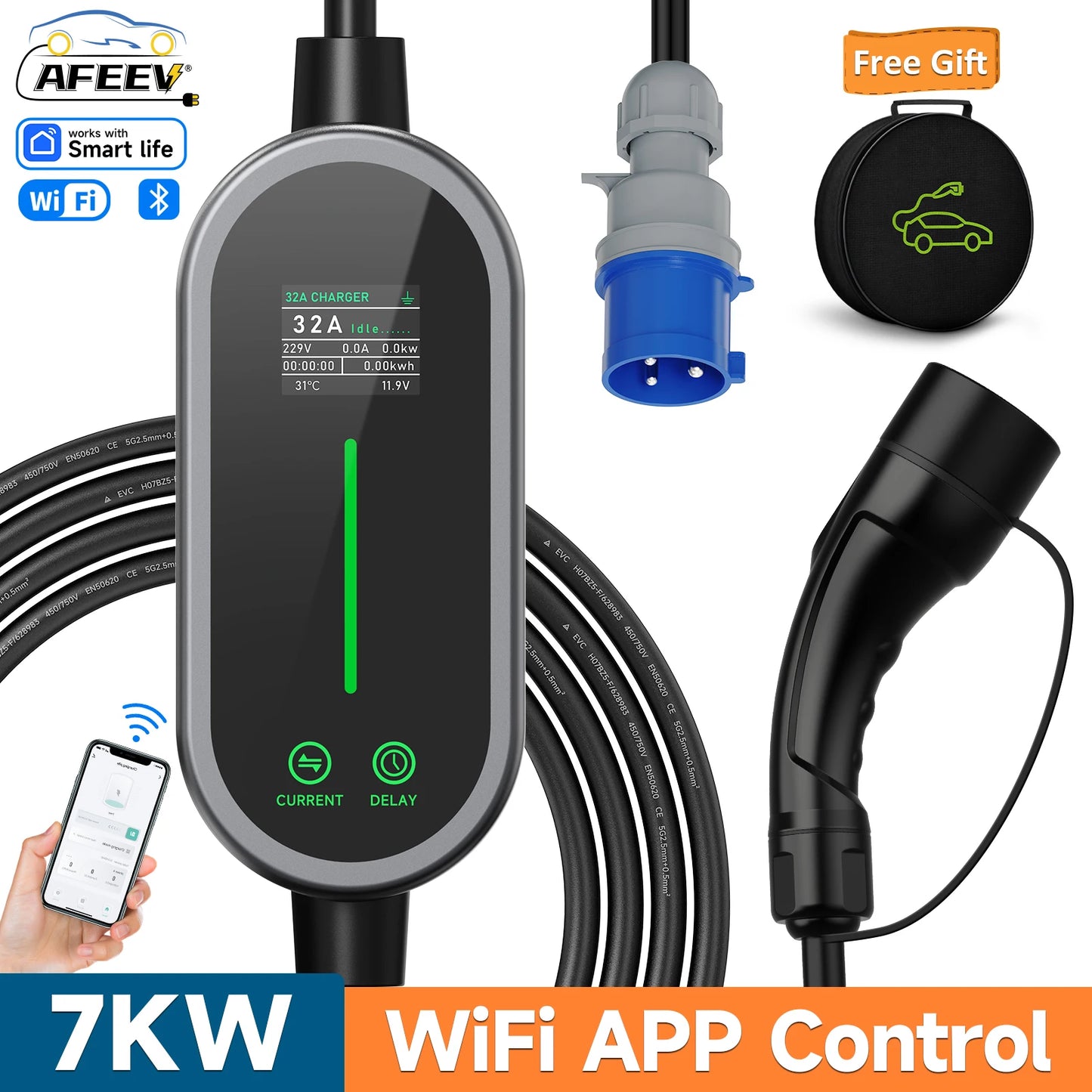 AFEEV 7KW 32A 1Phase Portable EV Charger Type2/Type1/GBT EVSE Fast Charging Cable Wallbox CEE Plug APP Bluetooth Control