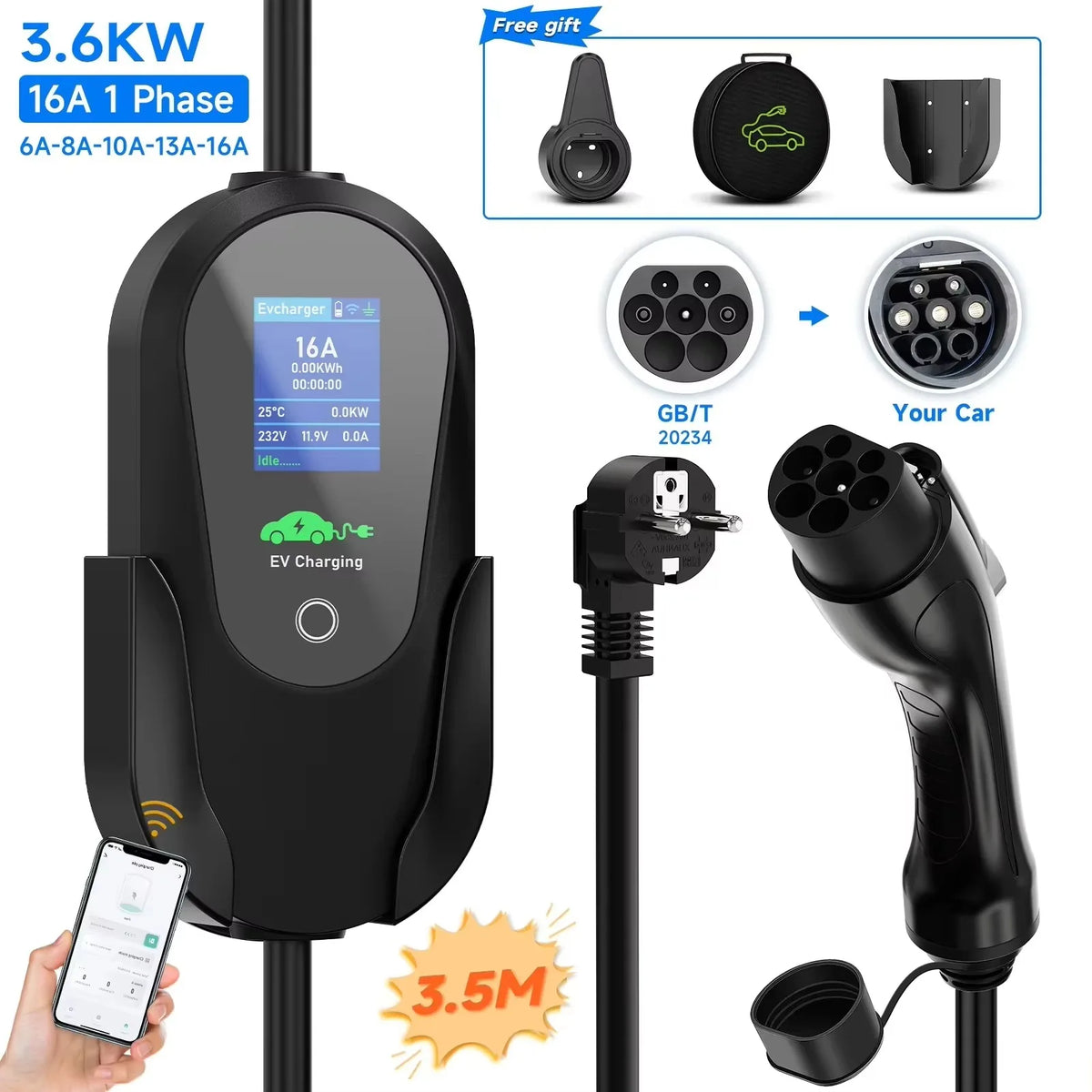 AFEEV Type 2 Portable EV Charger 3.6KW 16A 1Phase Wallbox Type1/GBT EVSE Fast Charging Cable EU Plug WiFi APP Bluetooth Control