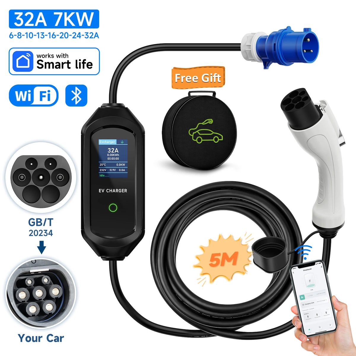 AFEEV Type 2 Portable EV Charger 7KW 32A 1Phase Wallbox Type1/GBT EVSE Fast Charging Cable CEE Plug APP Bluetooth Control