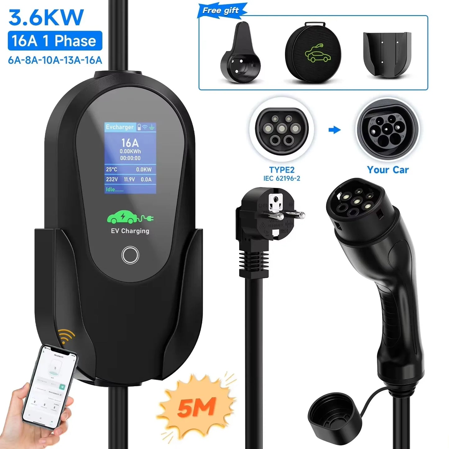 AFEEV Type 2 Portable EV Charger 3.6KW 16A 1Phase Wallbox Type1/GBT EVSE Fast Charging Cable EU Plug WiFi APP Bluetooth Control