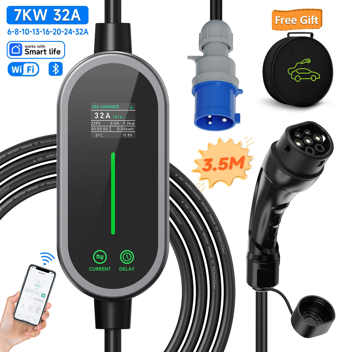 AFEEV 7KW 32A 1Phase Portable EV Charger Type2/Type1/GBT EVSE Fast Charging Cable Wallbox CEE Plug APP Bluetooth Control