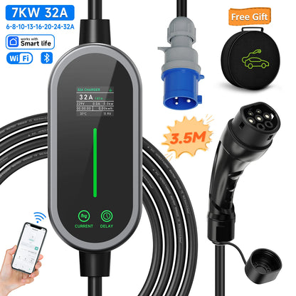AFEEV 7KW 32A 1Phase Portable EV Charger Type2/Type1/GBT EVSE Fast Charging Cable Wallbox CEE Plug APP Bluetooth Control