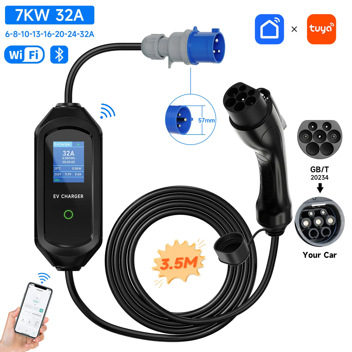 AFEEV 7KW Portable EV Charger Type2/Type1/GBT Electric Car Charger 32A 1Phase Fast Charging Cable APP Bluetooth Control