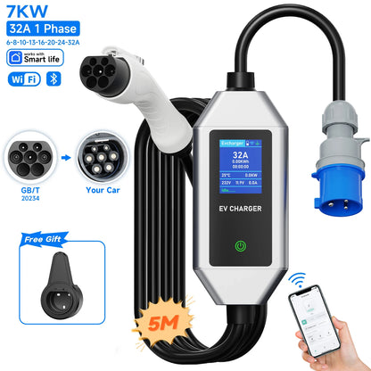 AFEEV 32A EV Charger 1Phase 7KW Type2 Portable Charger APP Control type 1 EV Charger EVSE GB/T Charging Cable for Electric Car