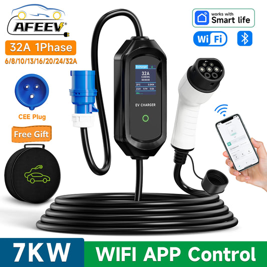 AFEEV Type 2 Portable EV Charger 7KW 32A 1Phase Wallbox Type1/GBT EVSE Fast Charging Cable CEE Plug APP Bluetooth Control