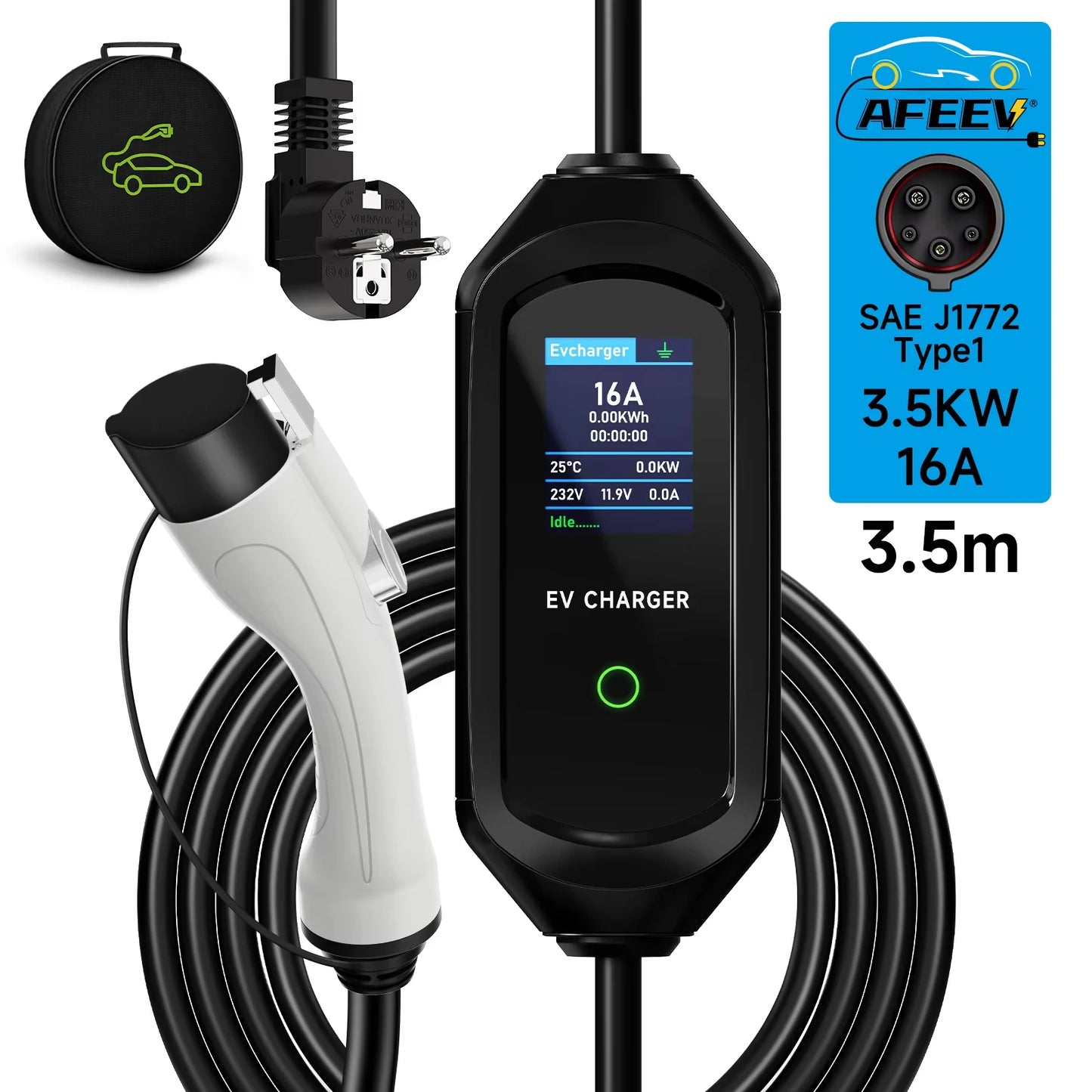 AFEEV 3.5KW 16A 1Phase Portable EV Charger Type1 SAE J1772 Electric Car Charger EVSE Fast Charging Wallbox EV Charging Station