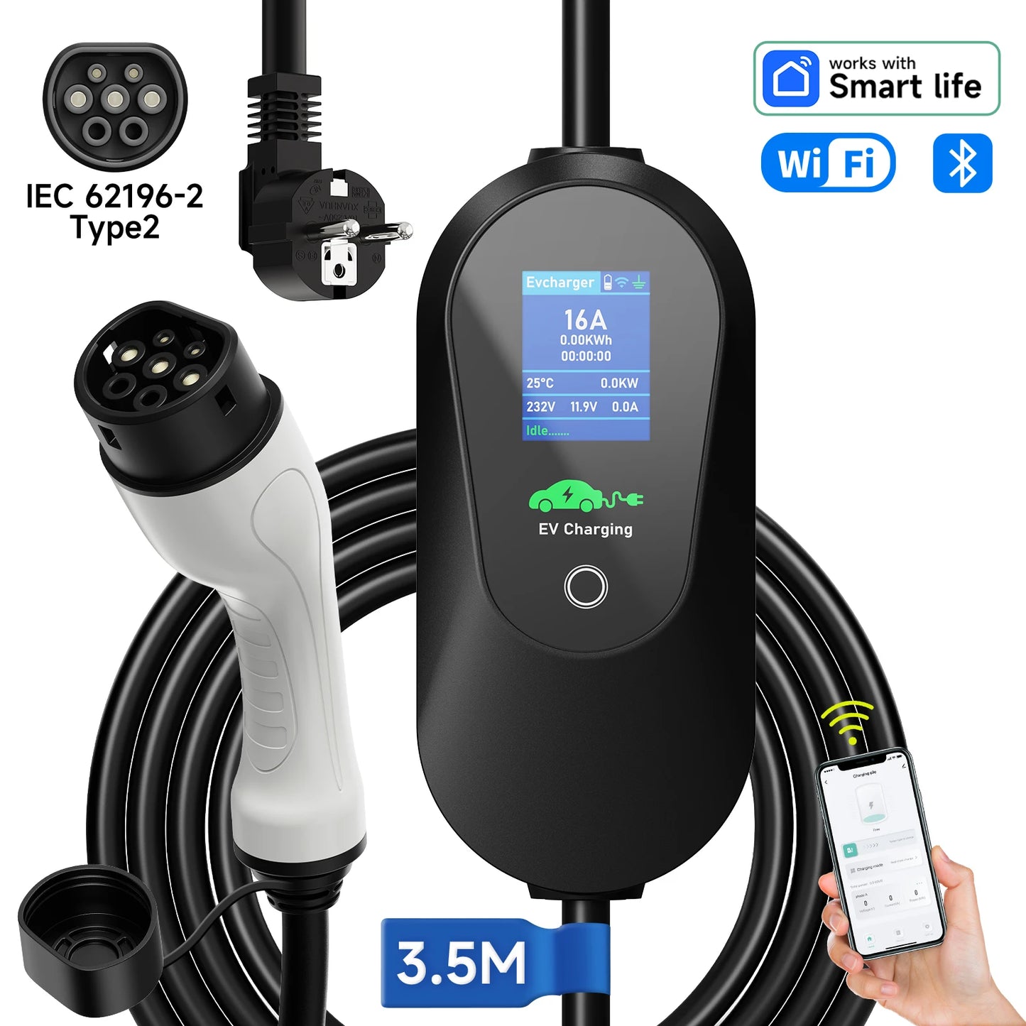 AFEEV 3.6KW Type1 SAE J1772 Portable EV Charger 16A Type2 Electric Car Charger GB/T EVSE Fast Charging Cable WiFi APP Control