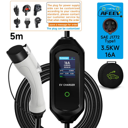 AFEEV 3.5KW 16A 1Phase Portable EV Charger Type1 SAE J1772 Electric Car Charger EVSE Fast Charging Wallbox EV Charging Station