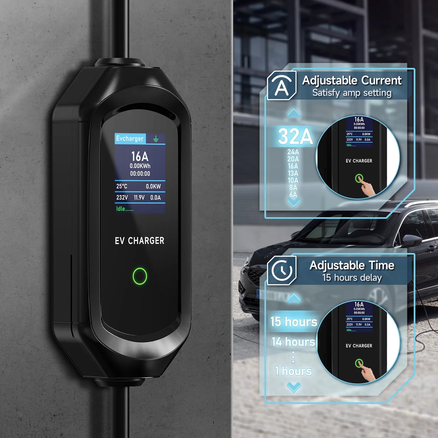 AFEEV Type 2 Portable EV Charger 7KW 32A 1Phase Wallbox Type1/GBT EVSE Fast Charging Cable CEE Plug APP Bluetooth Control