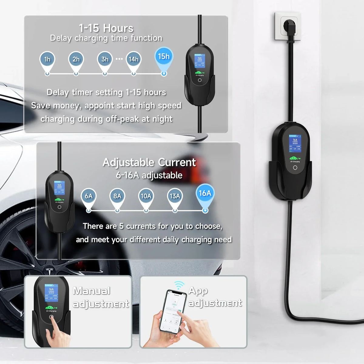 AFEEV Type 2 Portable EV Charger 3.6KW 16A 1Phase Wallbox Type1/GBT EVSE Fast Charging Cable EU Plug WiFi APP Bluetooth Control